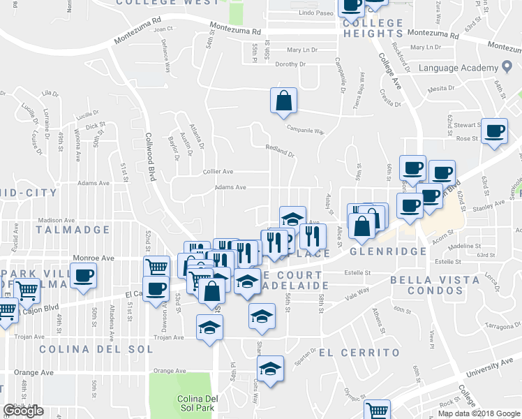 map of restaurants, bars, coffee shops, grocery stores, and more near 4657 Cajon Way in San Diego