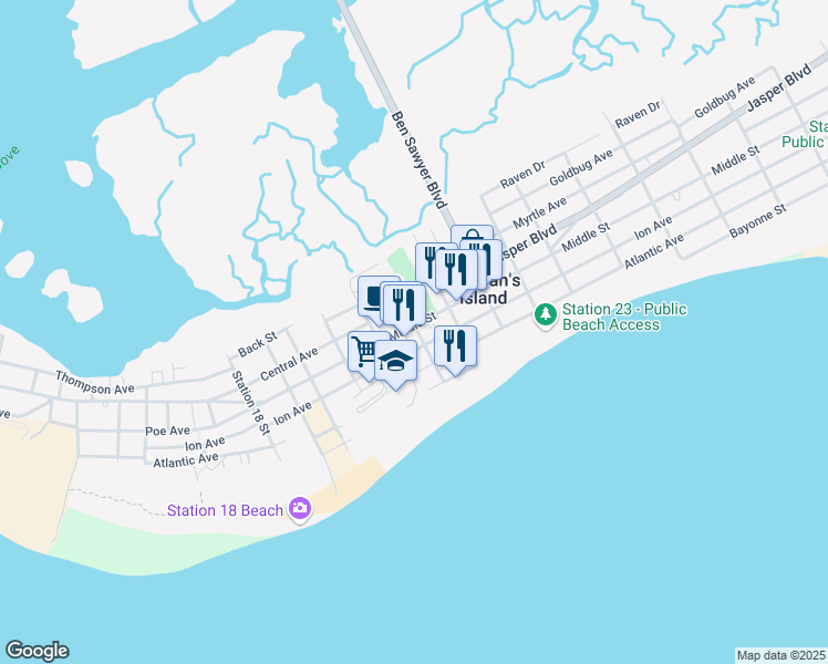 map of restaurants, bars, coffee shops, grocery stores, and more near 2067 Middle St in Sullivan's Island