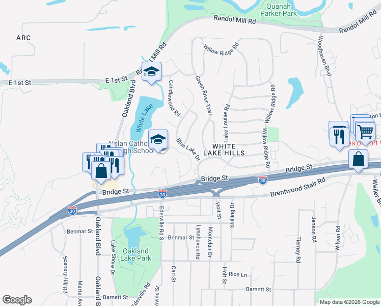 map of restaurants, bars, coffee shops, grocery stores, and more near 1016 Blue Lake Drive in Fort Worth
