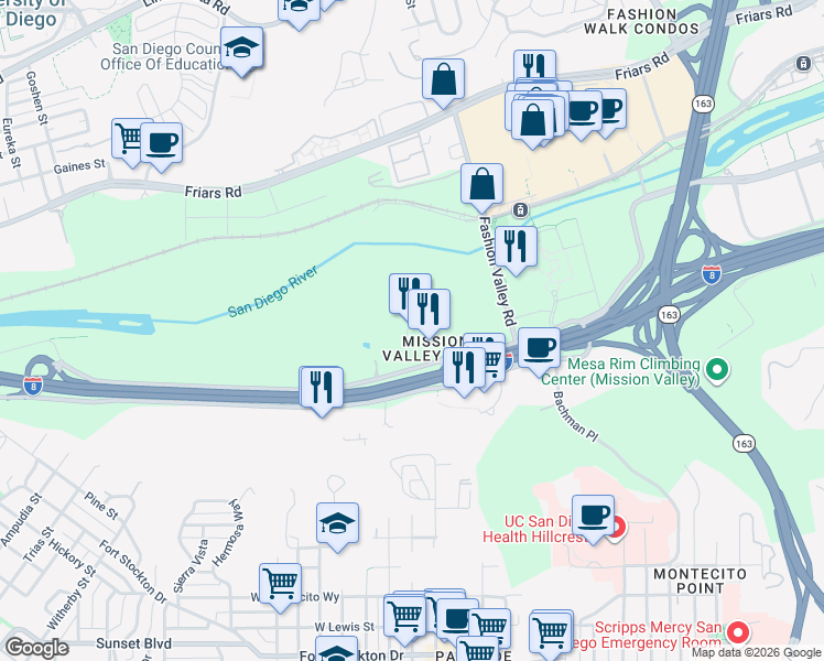 map of restaurants, bars, coffee shops, grocery stores, and more near 950 Hotel Circle North in San Diego