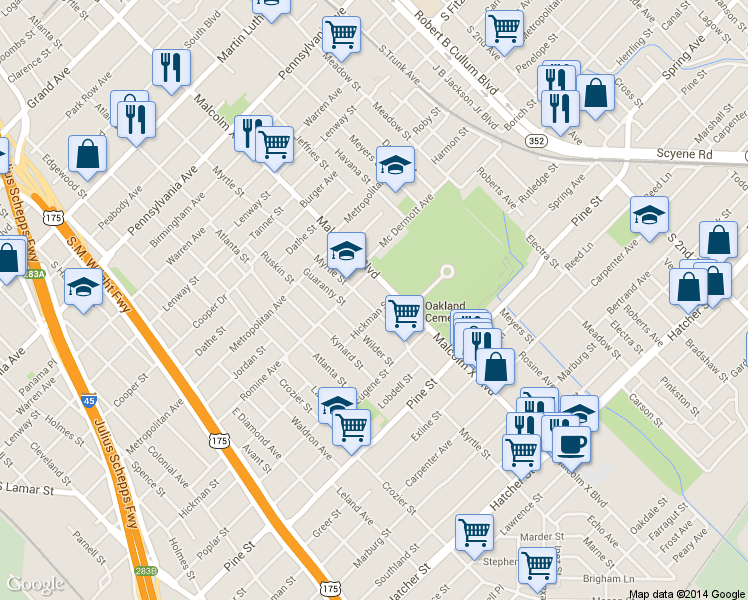 map of restaurants, bars, coffee shops, grocery stores, and more near 3822 Myrtle St in Dallas