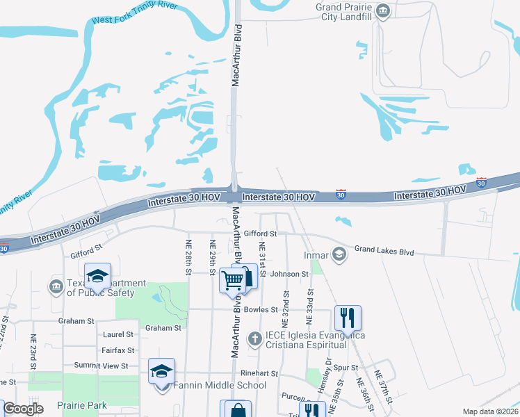map of restaurants, bars, coffee shops, grocery stores, and more near 3030 Leonard Street in Grand Prairie