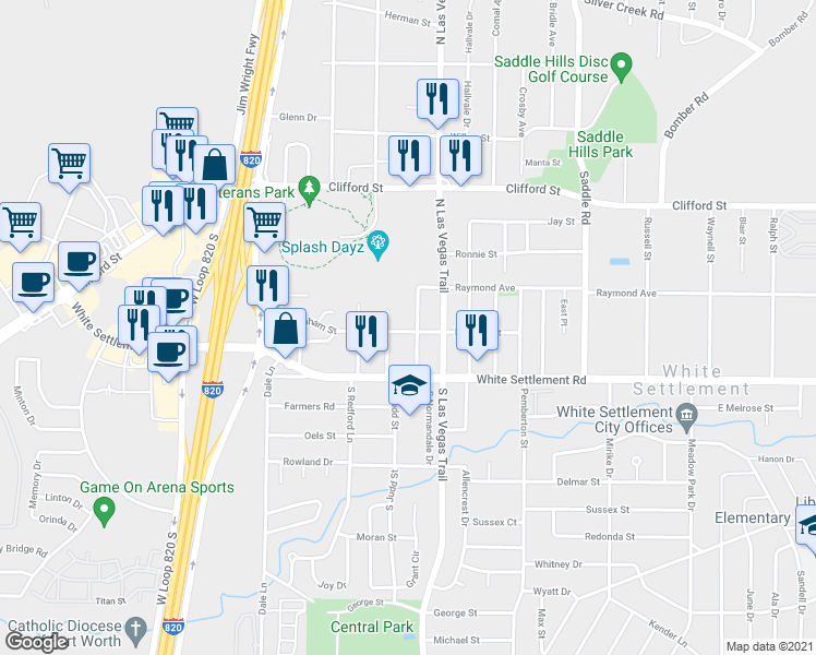 map of restaurants, bars, coffee shops, grocery stores, and more near 201 N Normandale St in Fort Worth