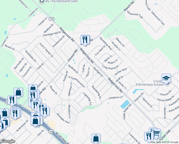 map of restaurants, bars, coffee shops, grocery stores, and more near 519 Pinto Lane in Forney