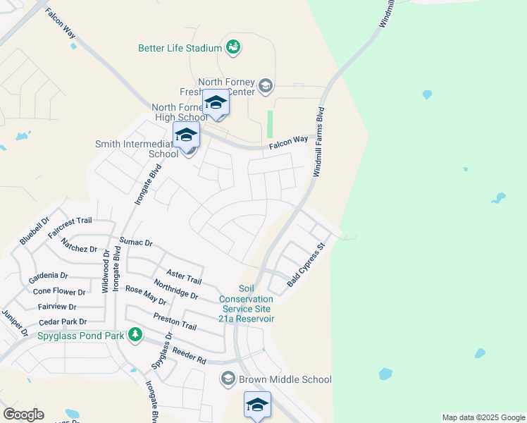 map of restaurants, bars, coffee shops, grocery stores, and more near 3135 Angus Drive in Forney