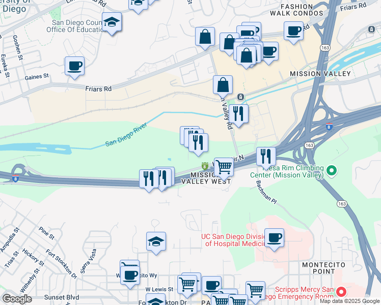 map of restaurants, bars, coffee shops, grocery stores, and more near 950 Hotel Circle North in San Diego