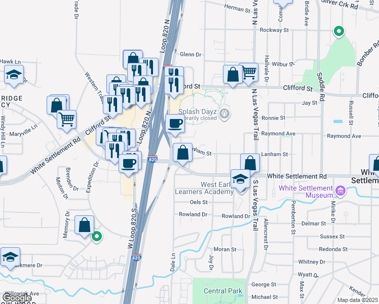 map of restaurants, bars, coffee shops, grocery stores, and more near 9207 Lanham Street in Fort Worth