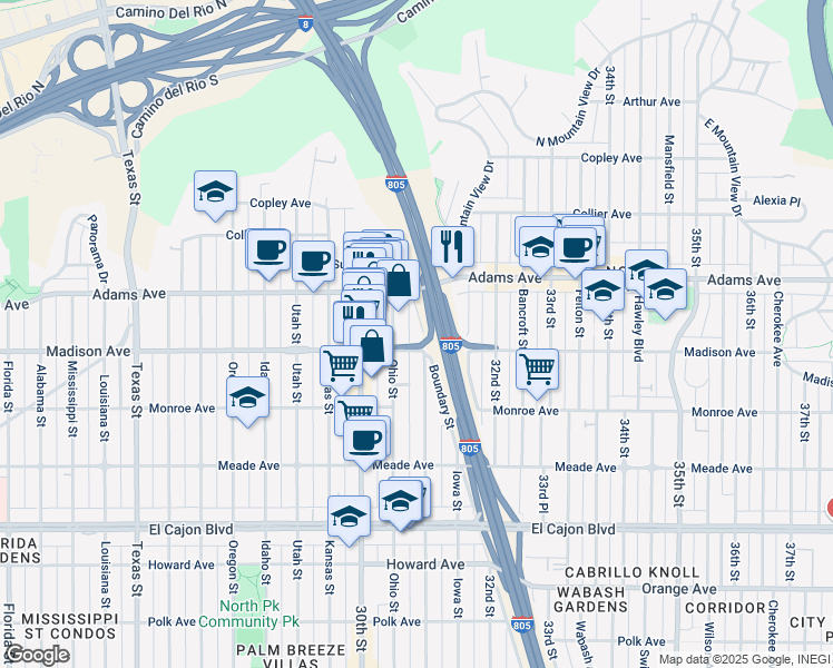 map of restaurants, bars, coffee shops, grocery stores, and more near 4626 Boundary Street in San Diego