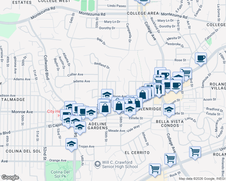 map of restaurants, bars, coffee shops, grocery stores, and more near 4630 El Cerrito Drive in San Diego