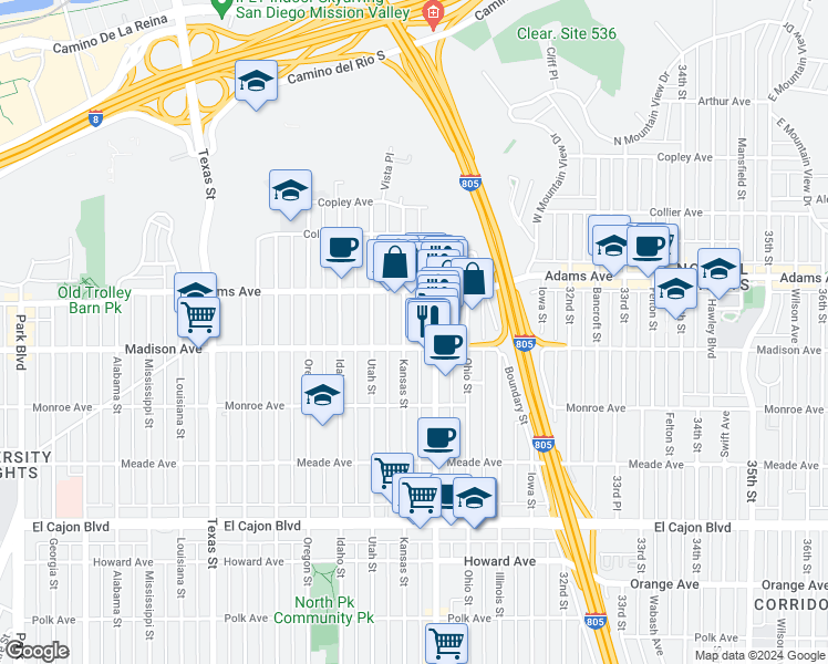 map of restaurants, bars, coffee shops, grocery stores, and more near 4625 Kansas Street in San Diego