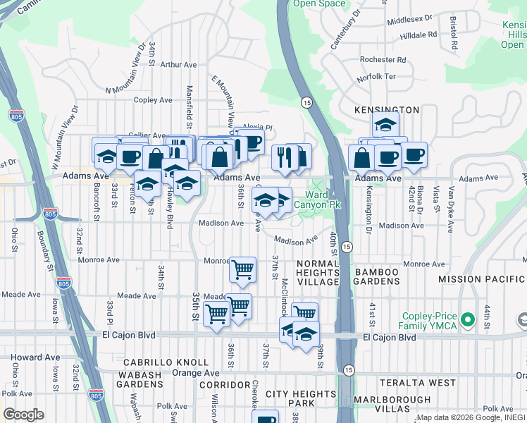 map of restaurants, bars, coffee shops, grocery stores, and more near 4609 East Mountain View Drive in San Diego