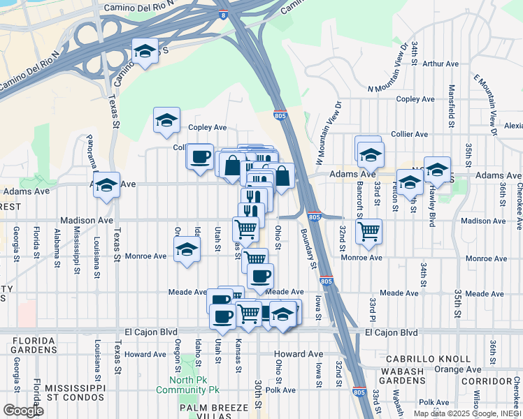 map of restaurants, bars, coffee shops, grocery stores, and more near 4625 30th Street in San Diego