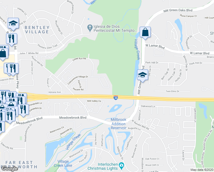 map of restaurants, bars, coffee shops, grocery stores, and more near 9144 Cottonwood Village Drive in Fort Worth
