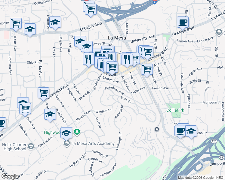 map of restaurants, bars, coffee shops, grocery stores, and more near 8085 Pasadena Avenue in La Mesa