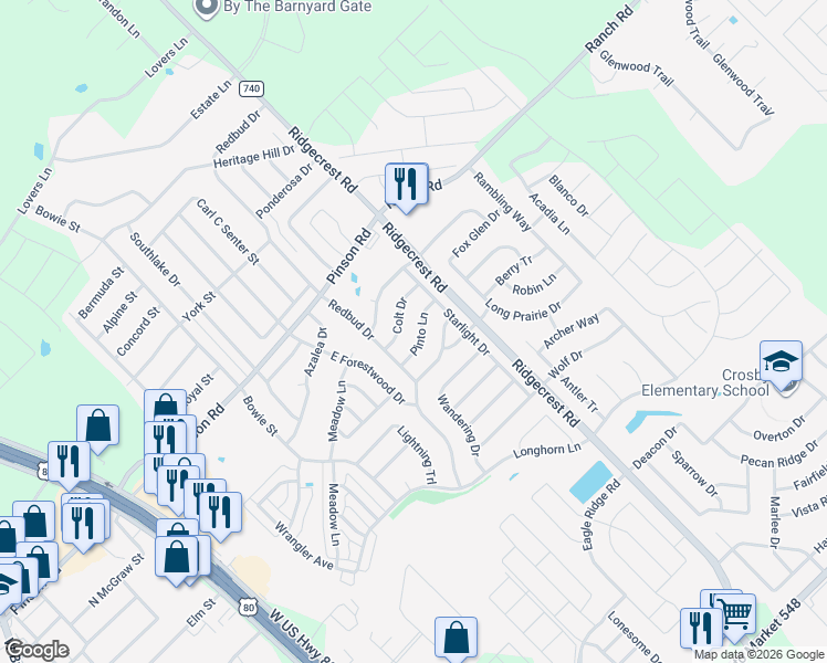 map of restaurants, bars, coffee shops, grocery stores, and more near 519 Pinto Lane in Forney