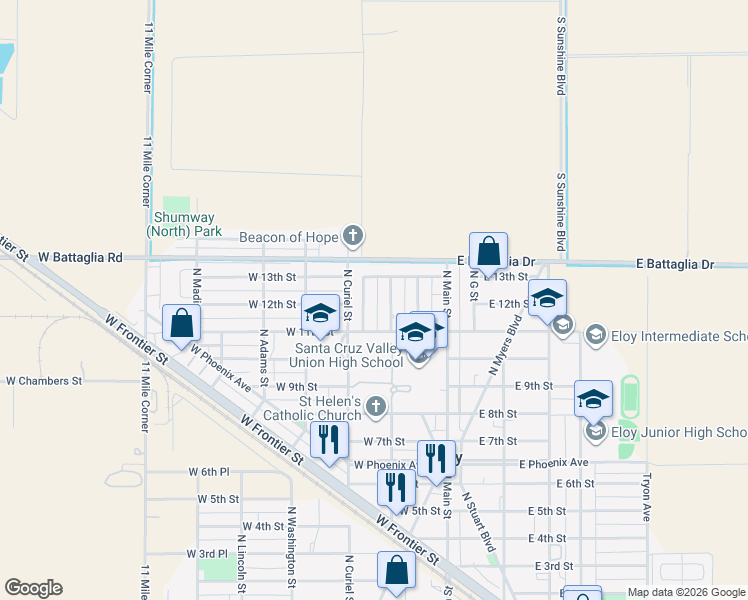 map of restaurants, bars, coffee shops, grocery stores, and more near 1111 North La Siesta Drive in Eloy