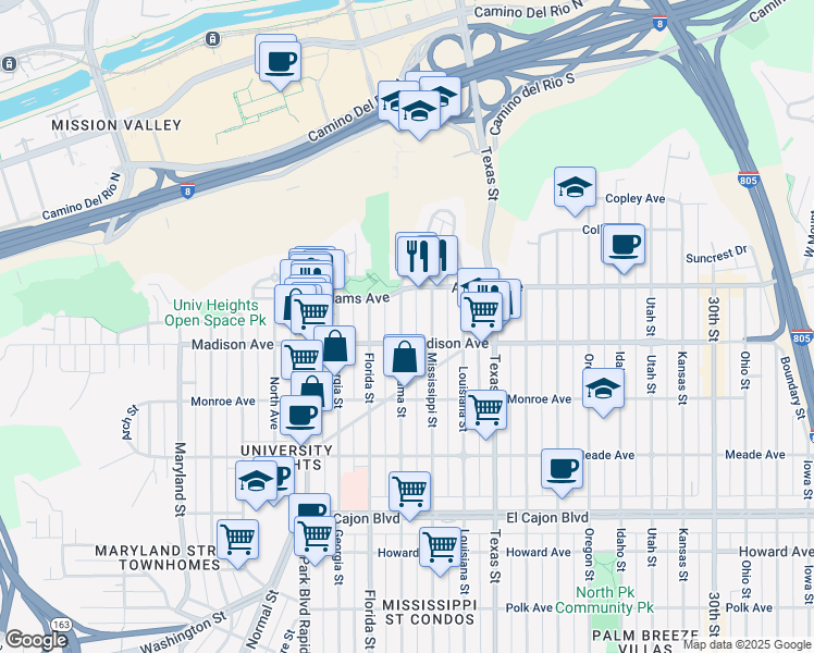 map of restaurants, bars, coffee shops, grocery stores, and more near 4625 Alabama Street in San Diego