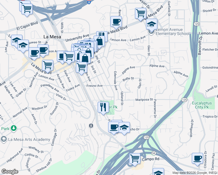 map of restaurants, bars, coffee shops, grocery stores, and more near 8417 Fresno Avenue in La Mesa