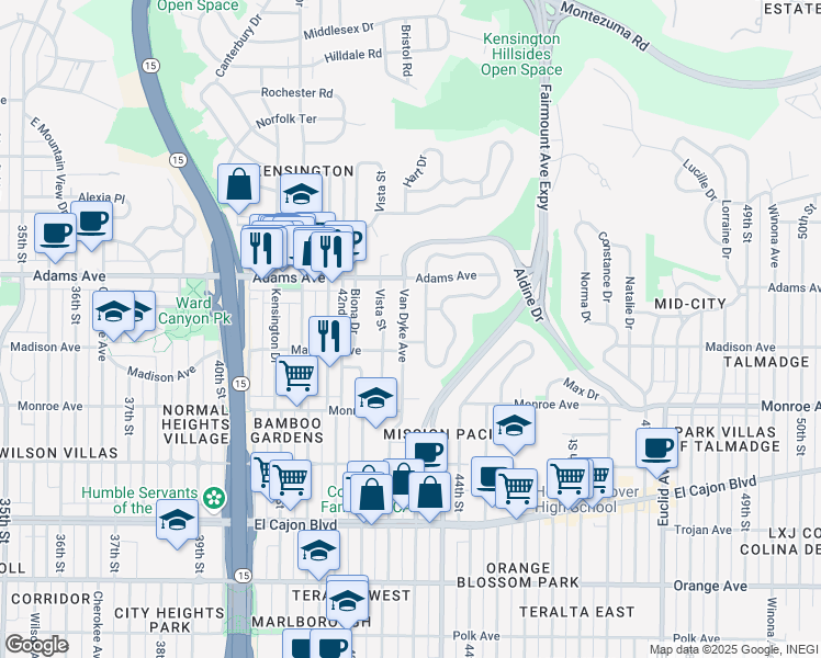map of restaurants, bars, coffee shops, grocery stores, and more near 4611 Van Dyke Avenue in San Diego