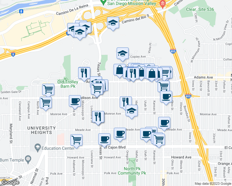 map of restaurants, bars, coffee shops, grocery stores, and more near 4620 Hamilton Street in San Diego