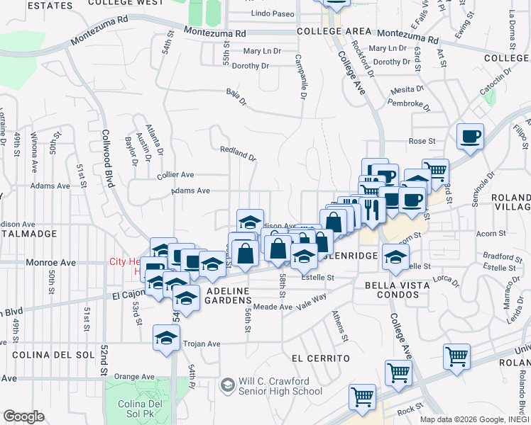 map of restaurants, bars, coffee shops, grocery stores, and more near 4630 El Cerrito Drive in San Diego