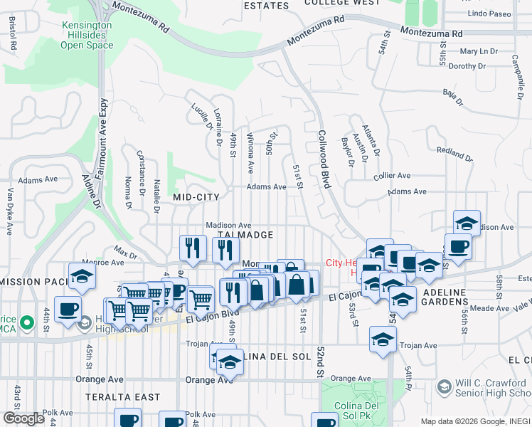 map of restaurants, bars, coffee shops, grocery stores, and more near 4628 50th Street in San Diego
