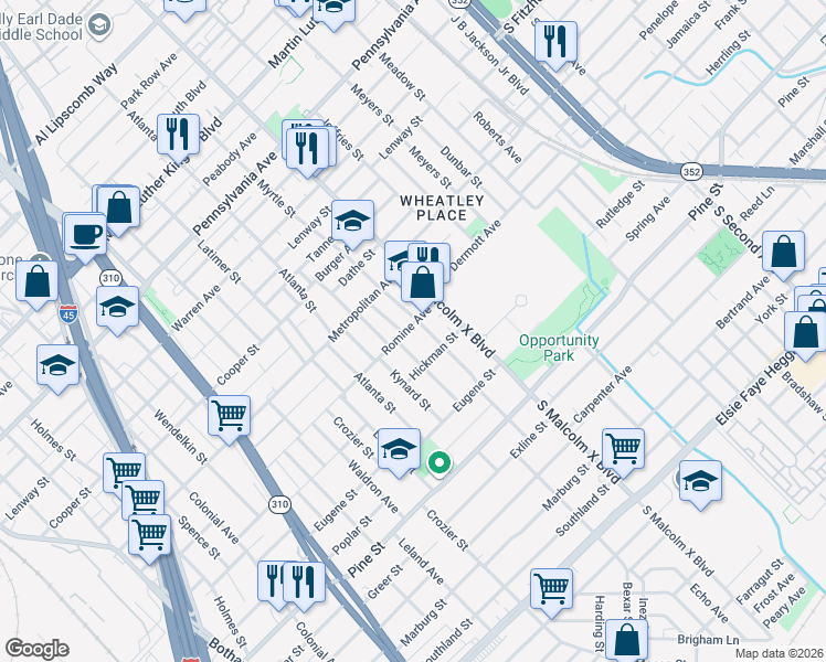 map of restaurants, bars, coffee shops, grocery stores, and more near 3800 Wilder Street in Dallas