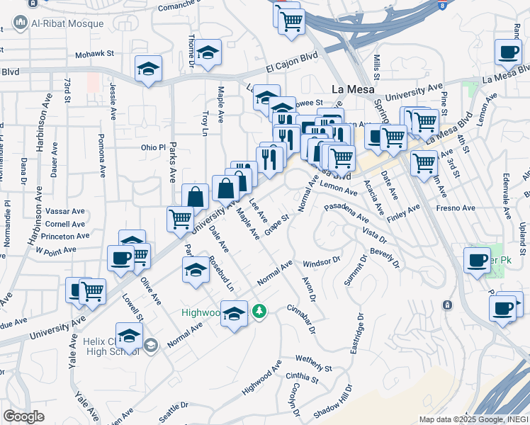 map of restaurants, bars, coffee shops, grocery stores, and more near 4539 Lee Avenue in La Mesa
