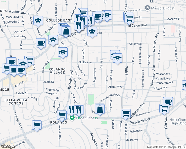 map of restaurants, bars, coffee shops, grocery stores, and more near Judson Way in La Mesa