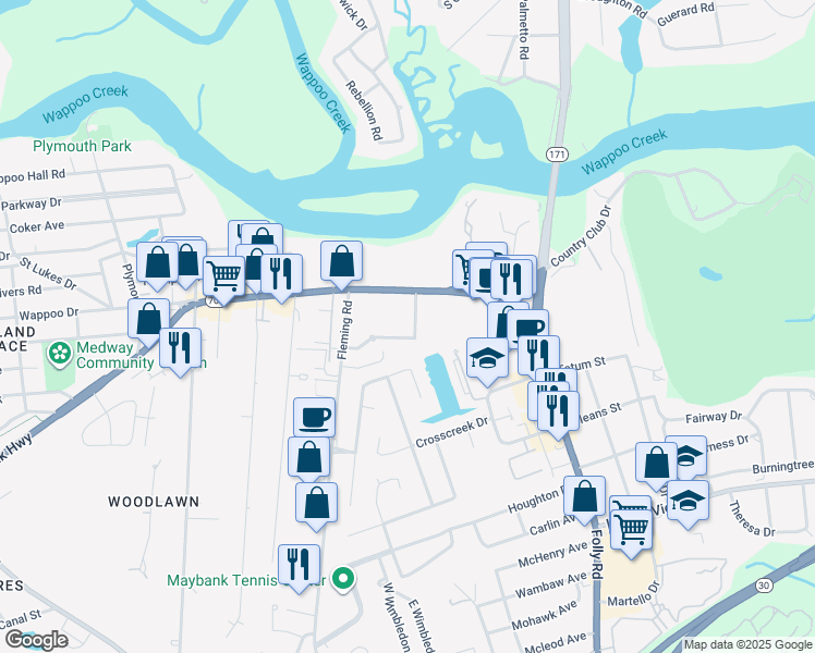 map of restaurants, bars, coffee shops, grocery stores, and more near 1819 Maybank Highway in Charleston