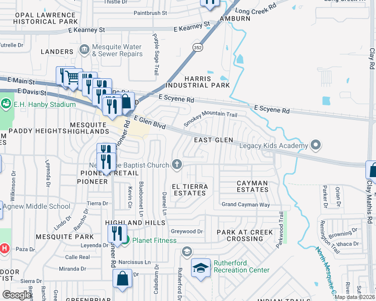 map of restaurants, bars, coffee shops, grocery stores, and more near 438 Appomattox Drive in Mesquite