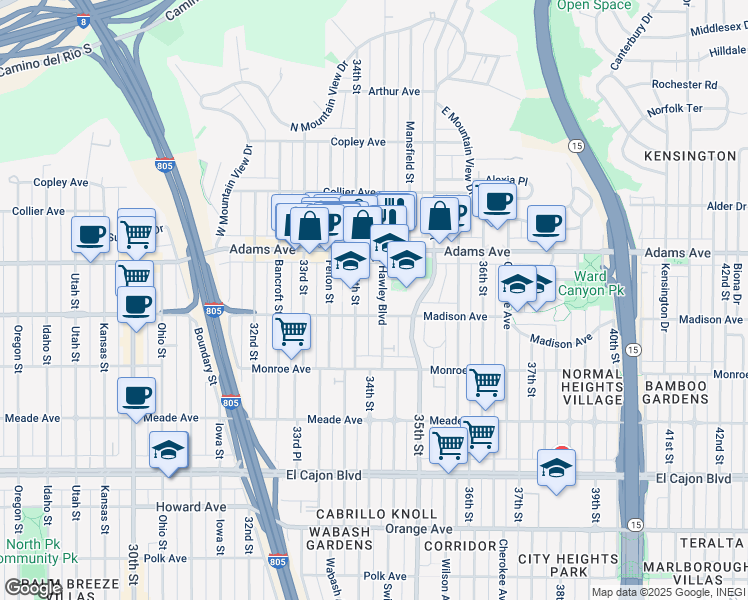map of restaurants, bars, coffee shops, grocery stores, and more near 4620 Hawley Boulevard in San Diego