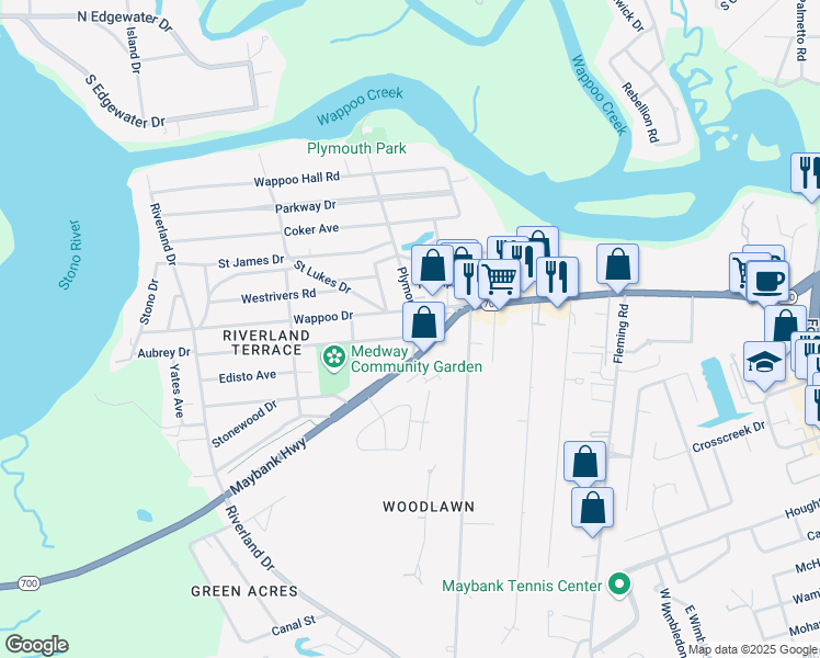 map of restaurants, bars, coffee shops, grocery stores, and more near 2038 Medway Road in Charleston
