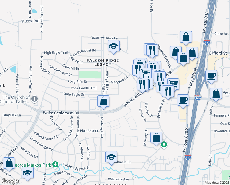 map of restaurants, bars, coffee shops, grocery stores, and more near 9816 Rockledge Road in Fort Worth