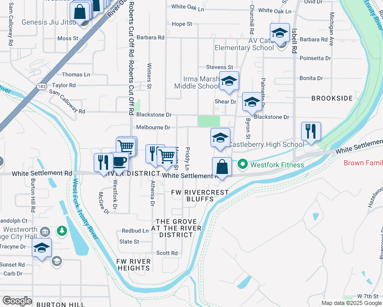 map of restaurants, bars, coffee shops, grocery stores, and more near 136 Priddy Ln in Fort Worth
