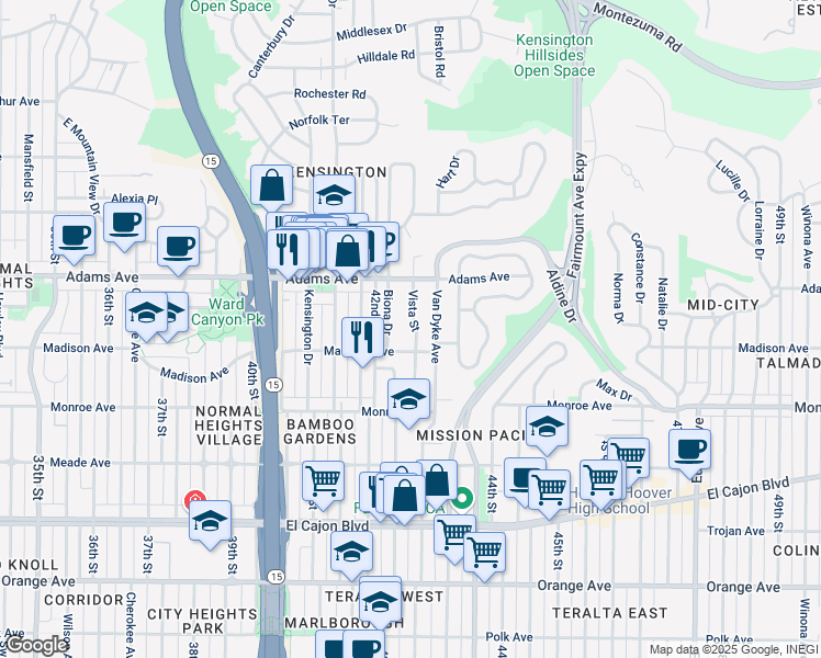 map of restaurants, bars, coffee shops, grocery stores, and more near 4632 Vista Street in San Diego