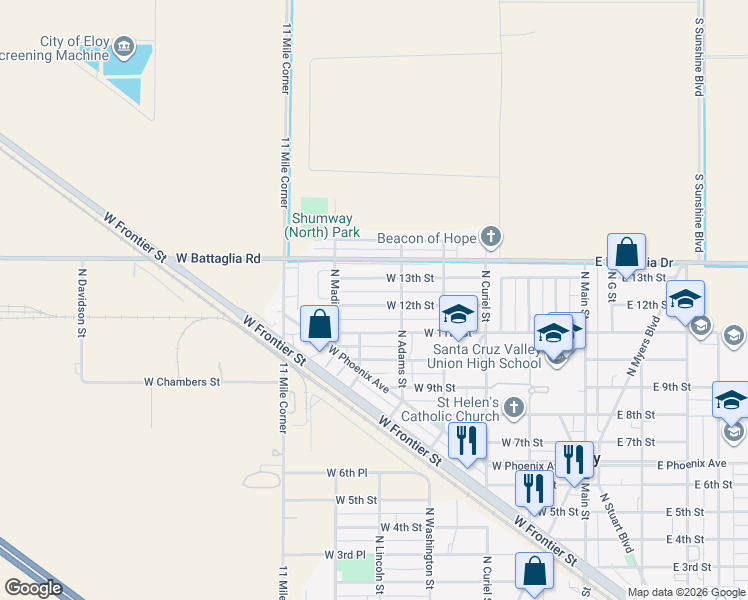 map of restaurants, bars, coffee shops, grocery stores, and more near 510 West 12th Street in Eloy