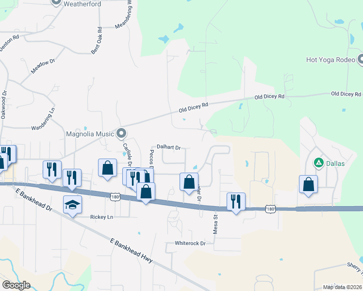 map of restaurants, bars, coffee shops, grocery stores, and more near 330 Dalhart Drive in Weatherford