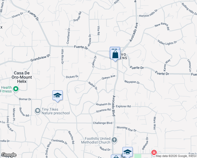 map of restaurants, bars, coffee shops, grocery stores, and more near 10728 Queen Avenue in La Mesa
