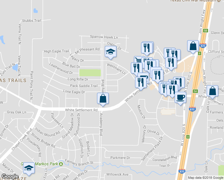 map of restaurants, bars, coffee shops, grocery stores, and more near 9816 Rockledge Road in Fort Worth