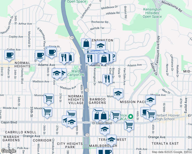 map of restaurants, bars, coffee shops, grocery stores, and more near 4623 Kensington Drive in San Diego