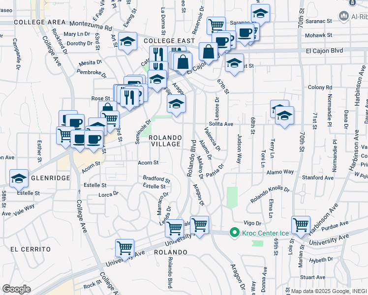 map of restaurants, bars, coffee shops, grocery stores, and more near 4601 Aragon Drive in San Diego