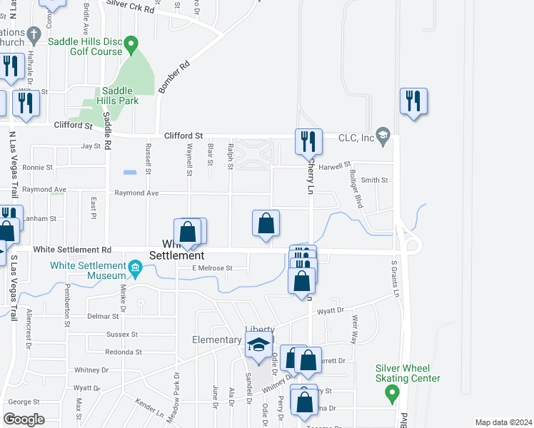 map of restaurants, bars, coffee shops, grocery stores, and more near 123 North Roe Street in White Settlement