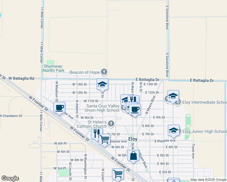 map of restaurants, bars, coffee shops, grocery stores, and more near 1111 North La Siesta Drive in Eloy