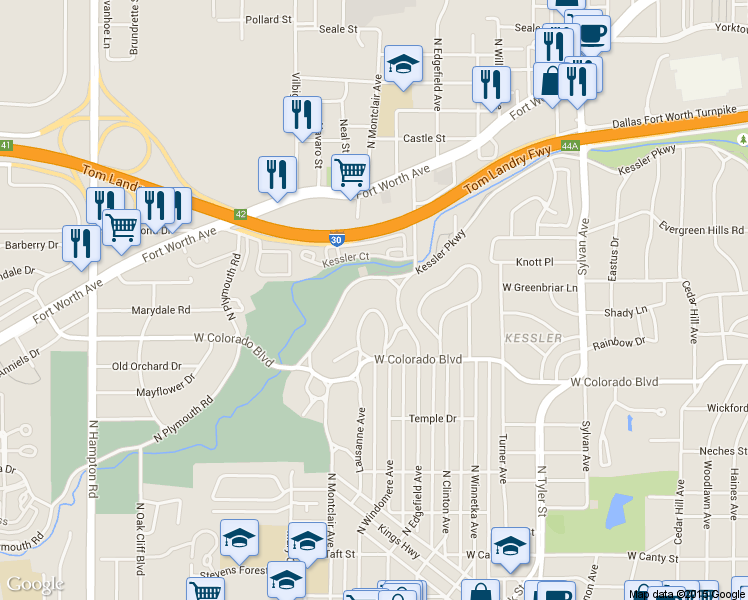 map of restaurants, bars, coffee shops, grocery stores, and more near 1344 N Windomere Ave in Dallas