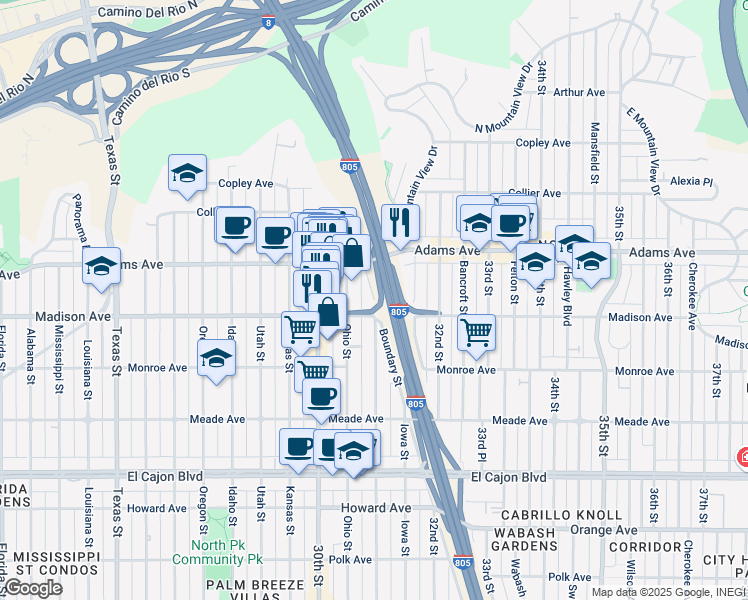 map of restaurants, bars, coffee shops, grocery stores, and more near 4601 Boundary St in San Diego