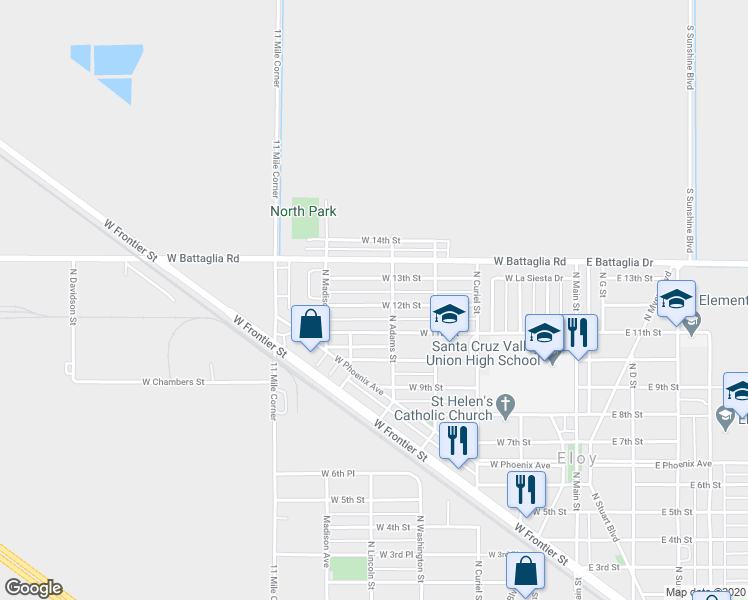 map of restaurants, bars, coffee shops, grocery stores, and more near 506 West 12th Street in Eloy