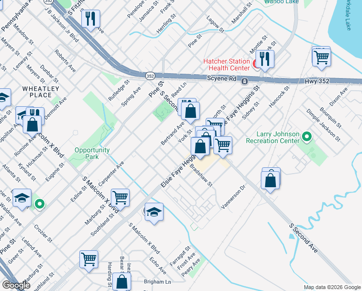 map of restaurants, bars, coffee shops, grocery stores, and more near 4600 Bradshaw Street in Dallas