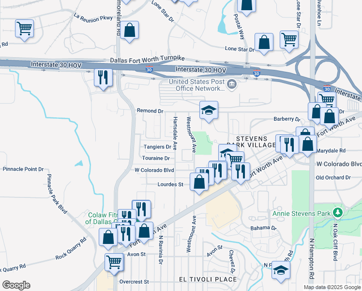 map of restaurants, bars, coffee shops, grocery stores, and more near 1330 Hartsdale Drive in Dallas