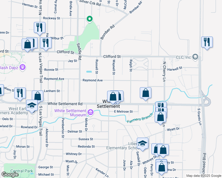 map of restaurants, bars, coffee shops, grocery stores, and more near 117 Waynell Street in White Settlement